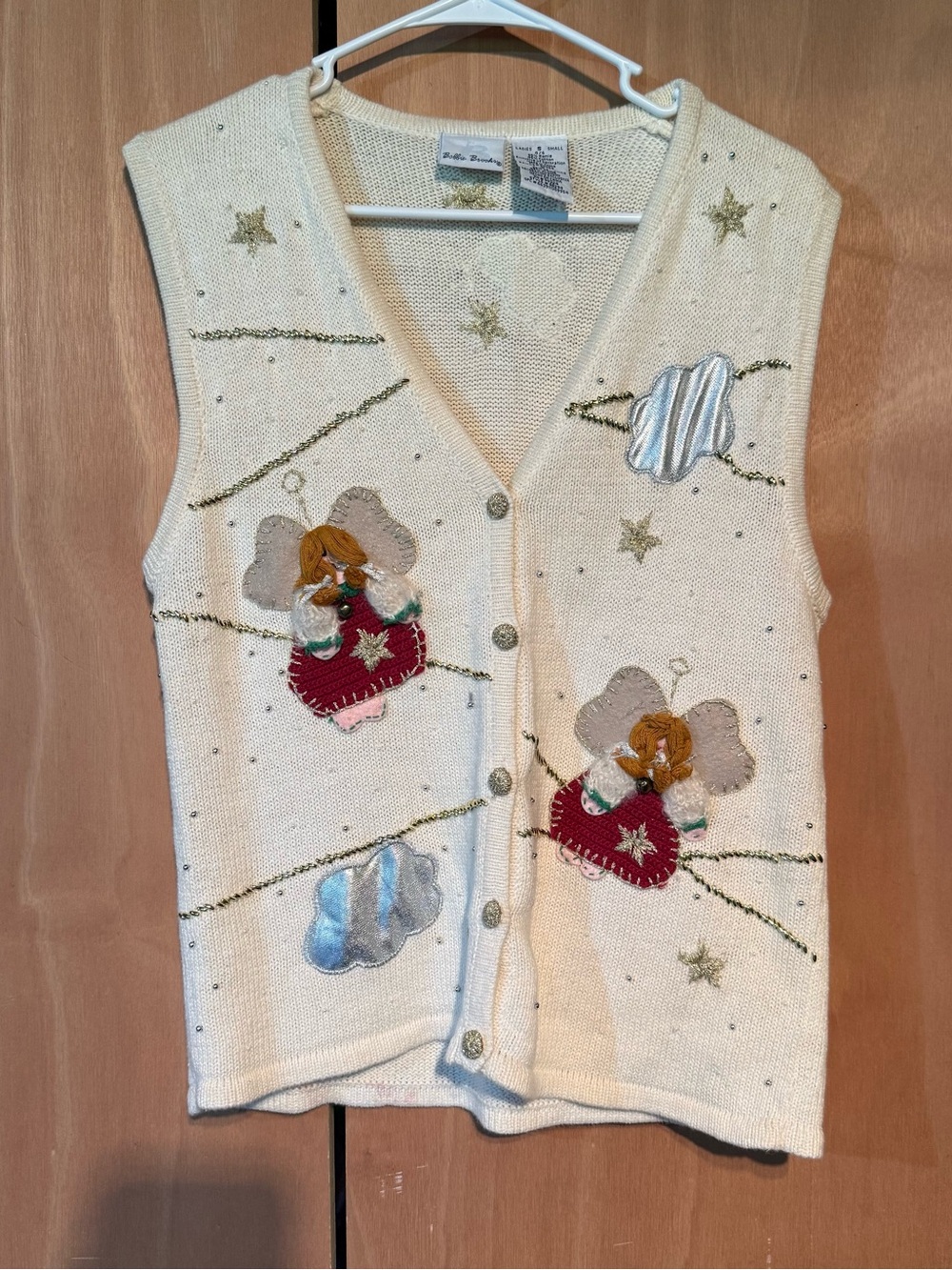 Embroidered Angel Holiday Vest in Cream with Red vintage Christmas sweater sz sm